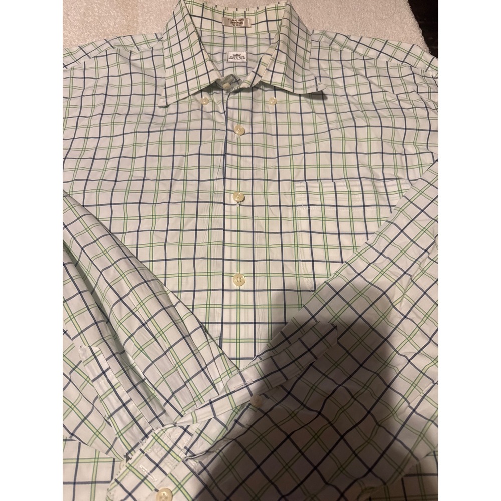 Peter Millar White Green Navy Blue Tattersall Check Cotton Button Shirt XL Mens